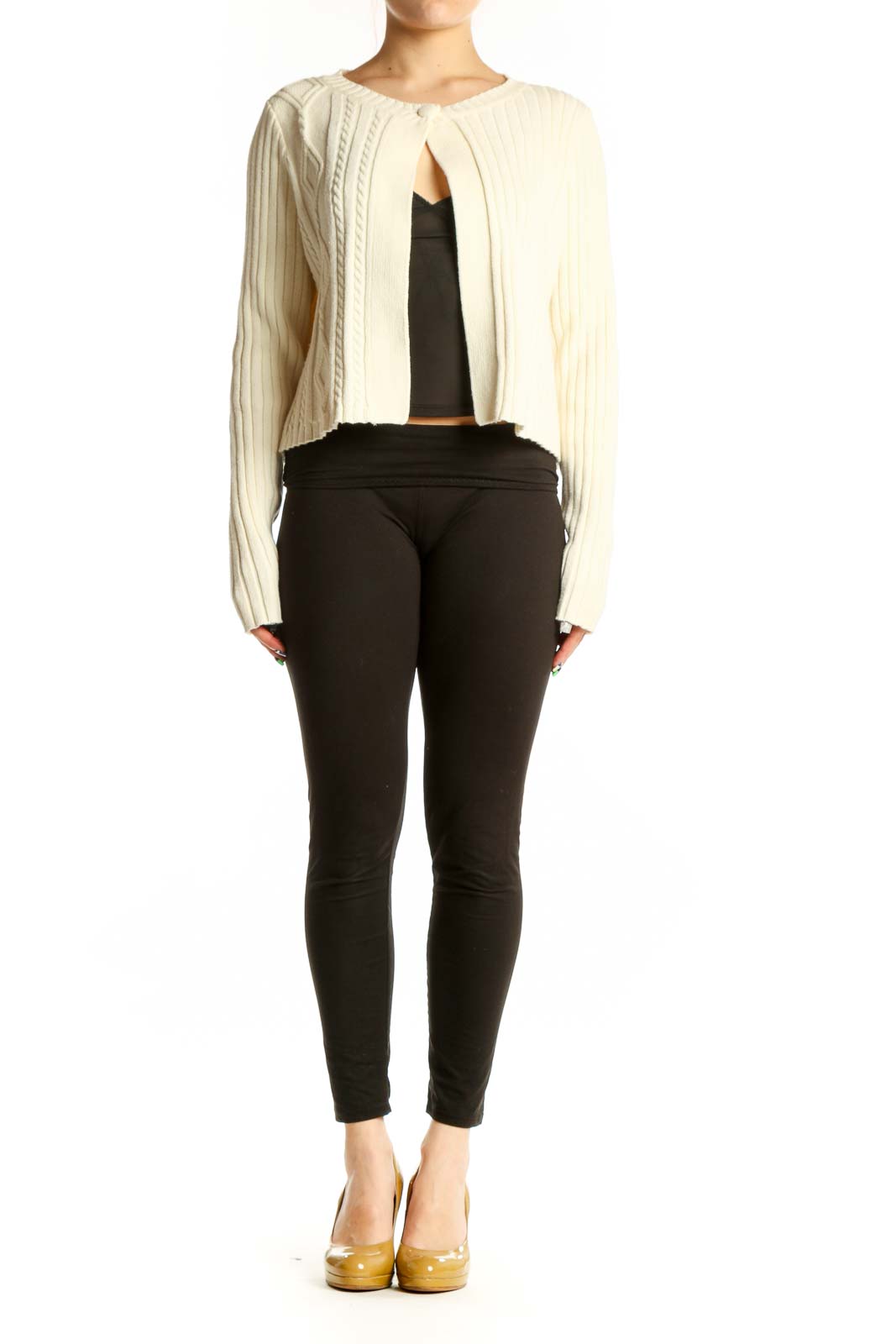 Cream ribbed knit cropped cardigan with cable knit detailing and open front, worn over black top