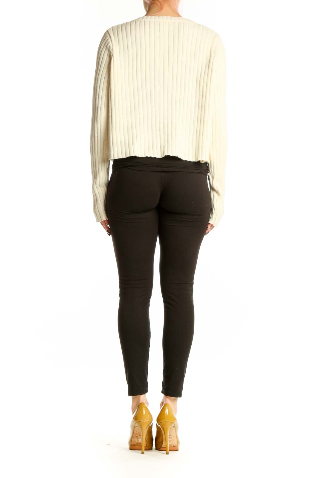 Back view of cream ribbed knit cropped cardigan showing textured knit pattern and cropped length
