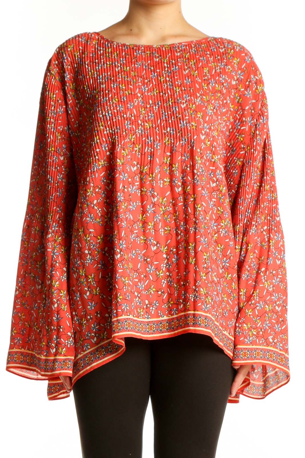 Red floral pleated cape top by Max Studio, front view showing vibrant floral pattern and flowing silhouette