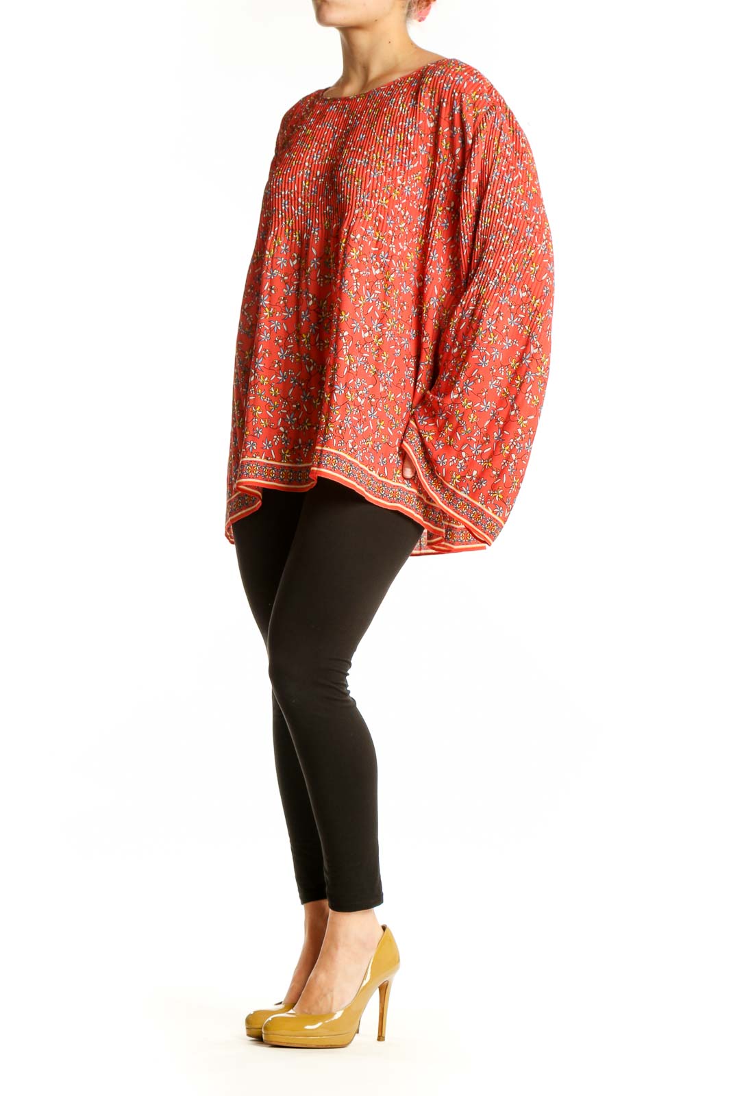 Red floral pleated cape top by Max Studio, front view showing vibrant floral pattern and flowing silhouette