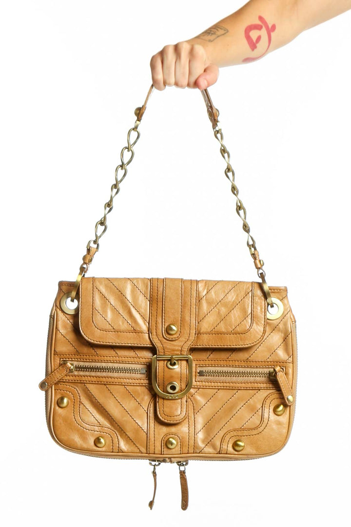 Tan quilted leather shoulder bag with chain straps and gold-tone hardware by Rafe New York