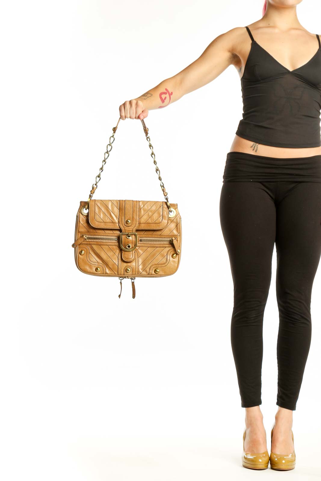 Tan quilted leather shoulder bag with chain straps and gold-tone hardware by Rafe New York