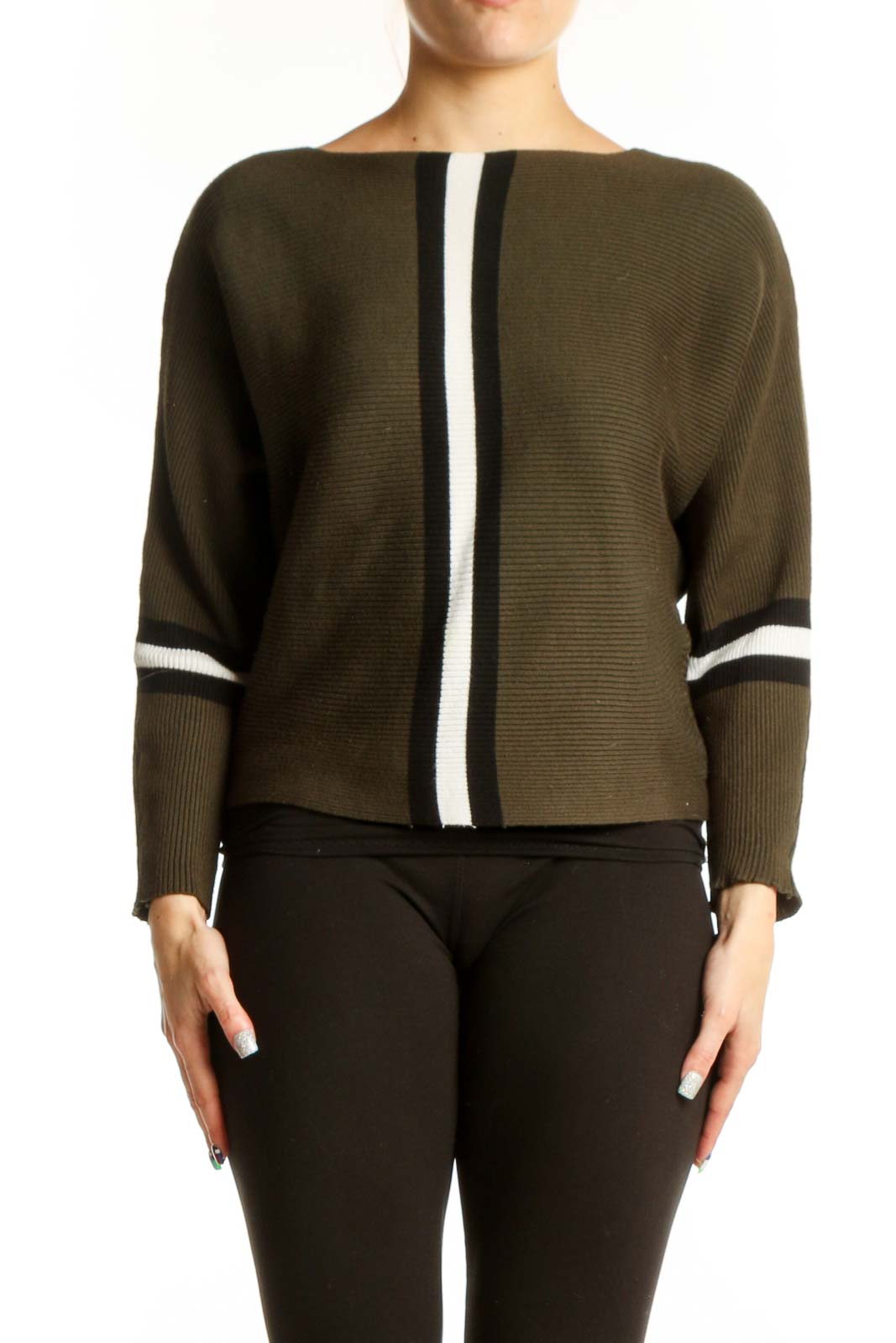 Olive green striped knit sweater with black and white vertical stripes, cropped fit, front view