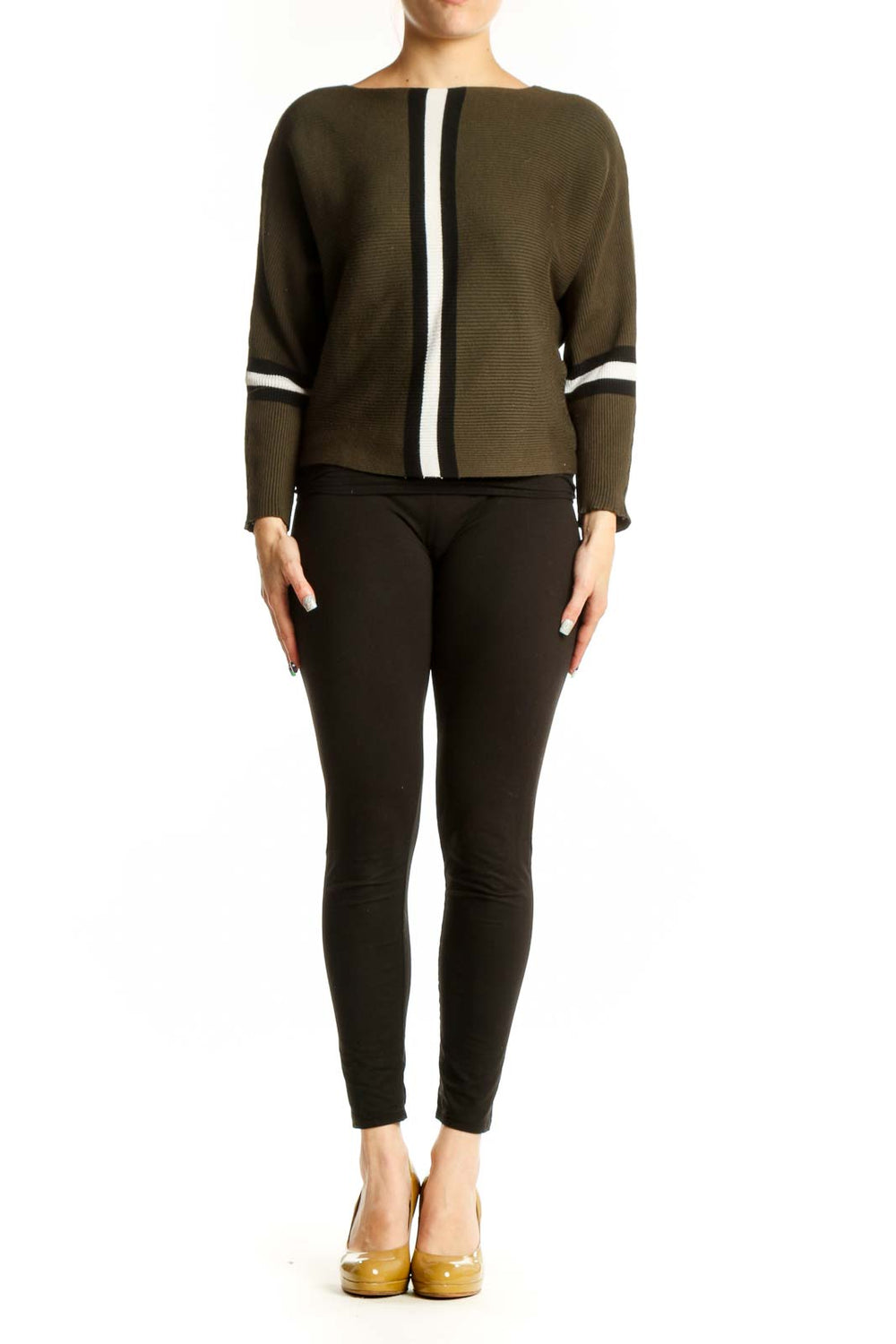 Olive green striped knit sweater with black and white vertical stripes, cropped fit, front view