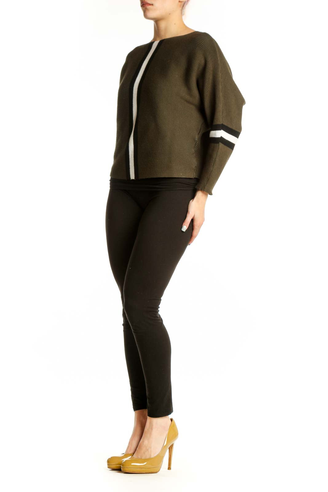 Olive green striped knit sweater with black and white vertical stripes, cropped fit, front view
