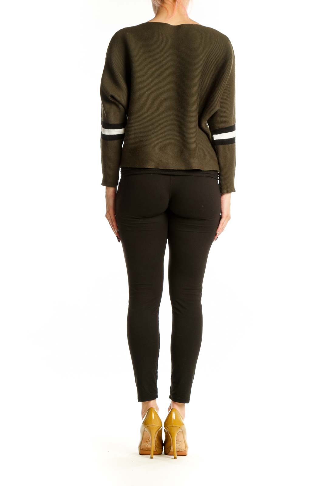 Olive green striped knit sweater back view showing center stripe detail and relaxed silhouette