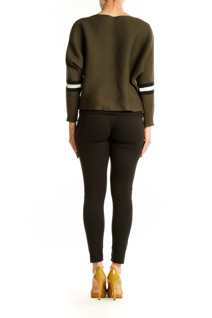Olive green striped knit sweater back view showing center stripe detail and relaxed silhouette