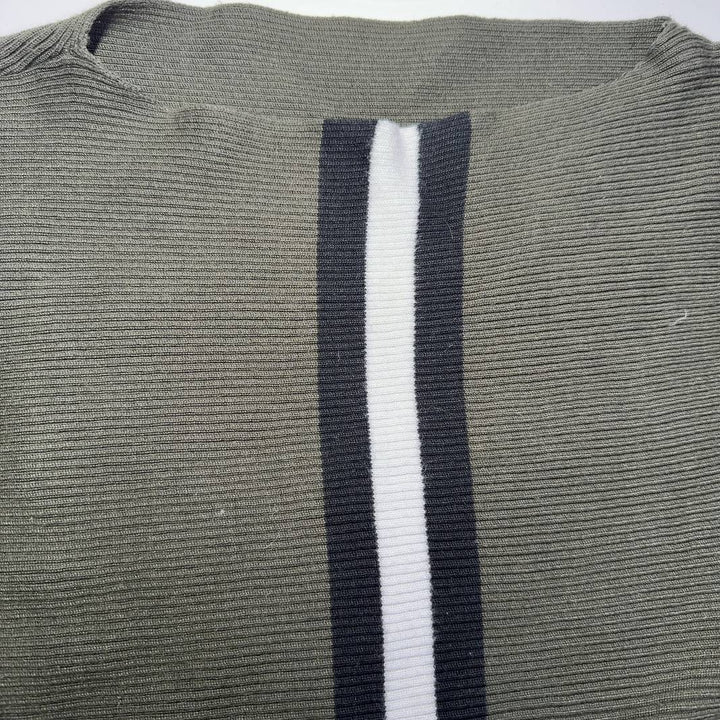 Olive green striped knit sweater back view showing center stripe detail and relaxed silhouette