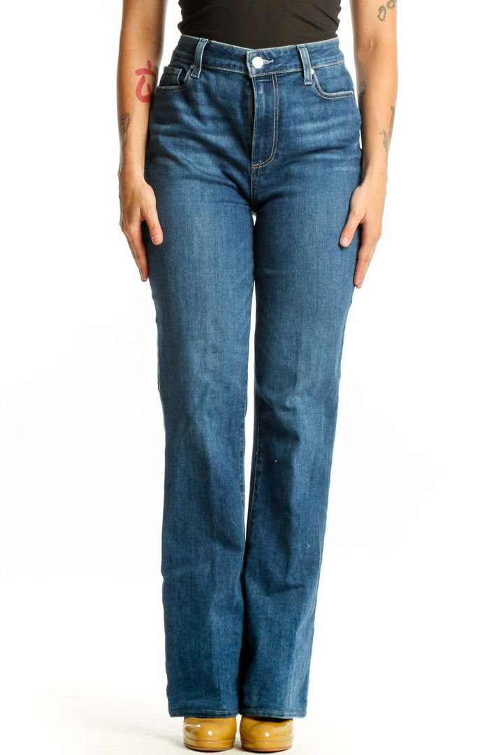 Front view of blue high-waisted flare denim jeans by Paige, size L, showing classic five-pocket design and medium indigo wash