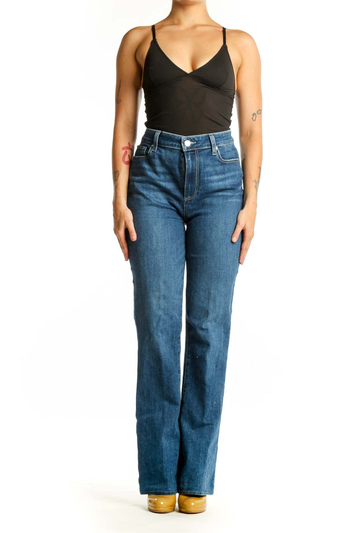 Front view of blue high-waisted flare denim jeans by Paige, size L, showing classic five-pocket design and medium indigo wash
