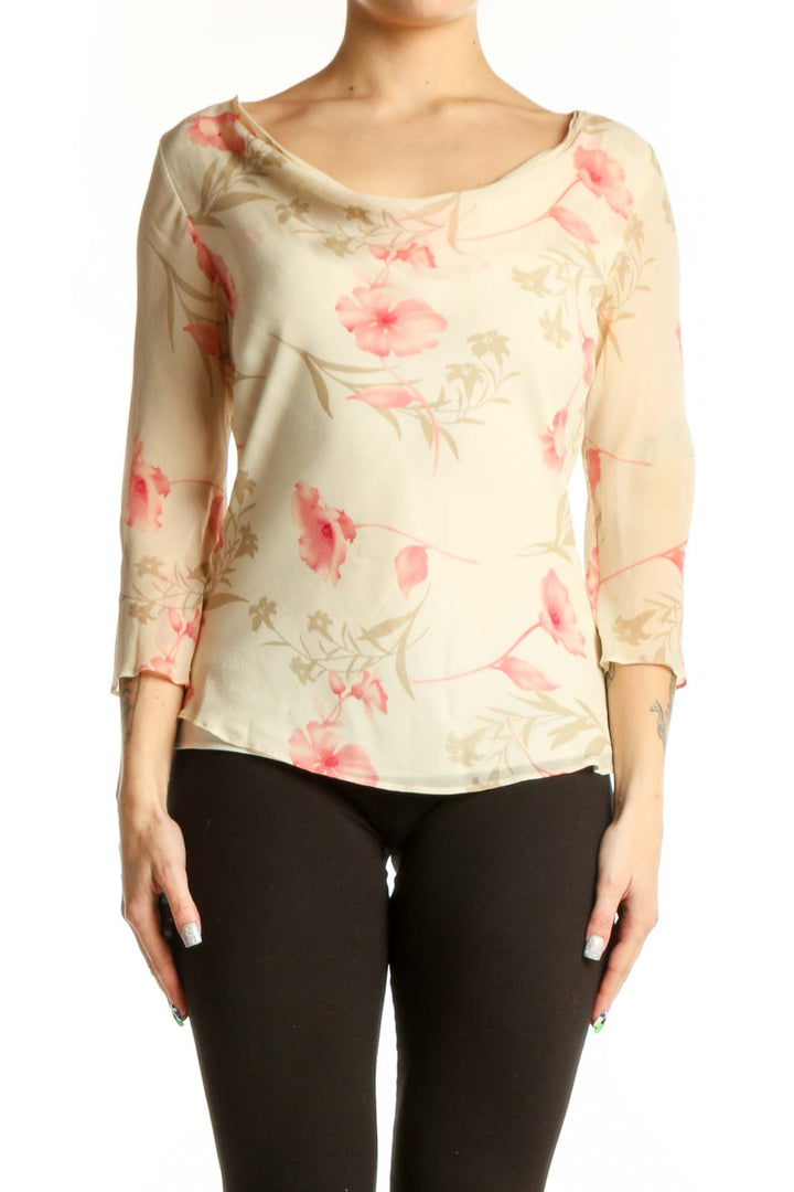 Cream floral print Banana Republic blouse with three-quarter sleeves and pink botanical design, front view