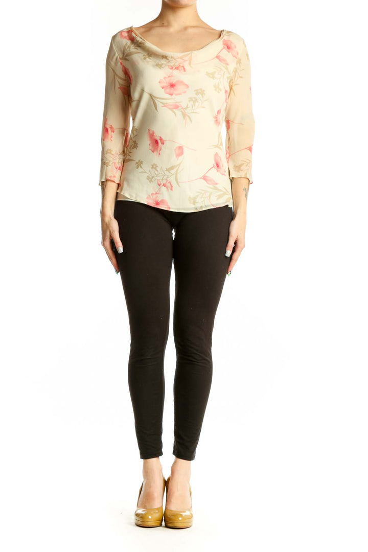 Cream floral print Banana Republic blouse with three-quarter sleeves and pink botanical design, front view