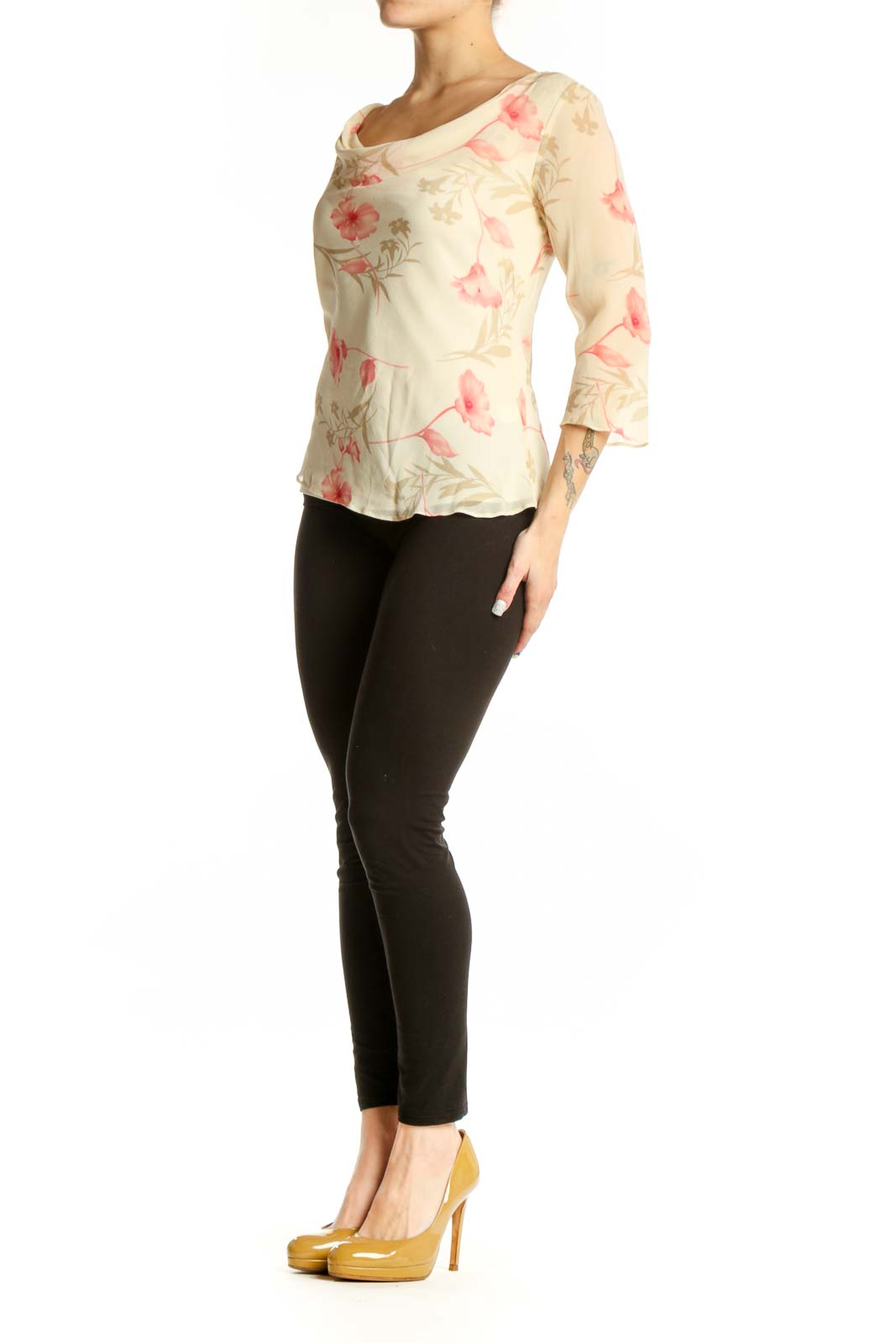 Cream floral print Banana Republic blouse with three-quarter sleeves and pink botanical design, front view