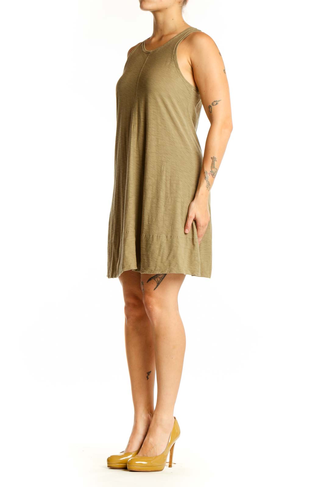 Beige Pima cotton sleeveless tank dress with A-line silhouette, front view