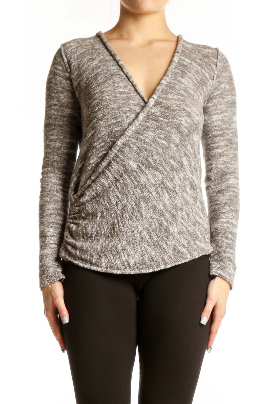 Gray heathered wrap knit top with V-neckline and long sleeves, front view