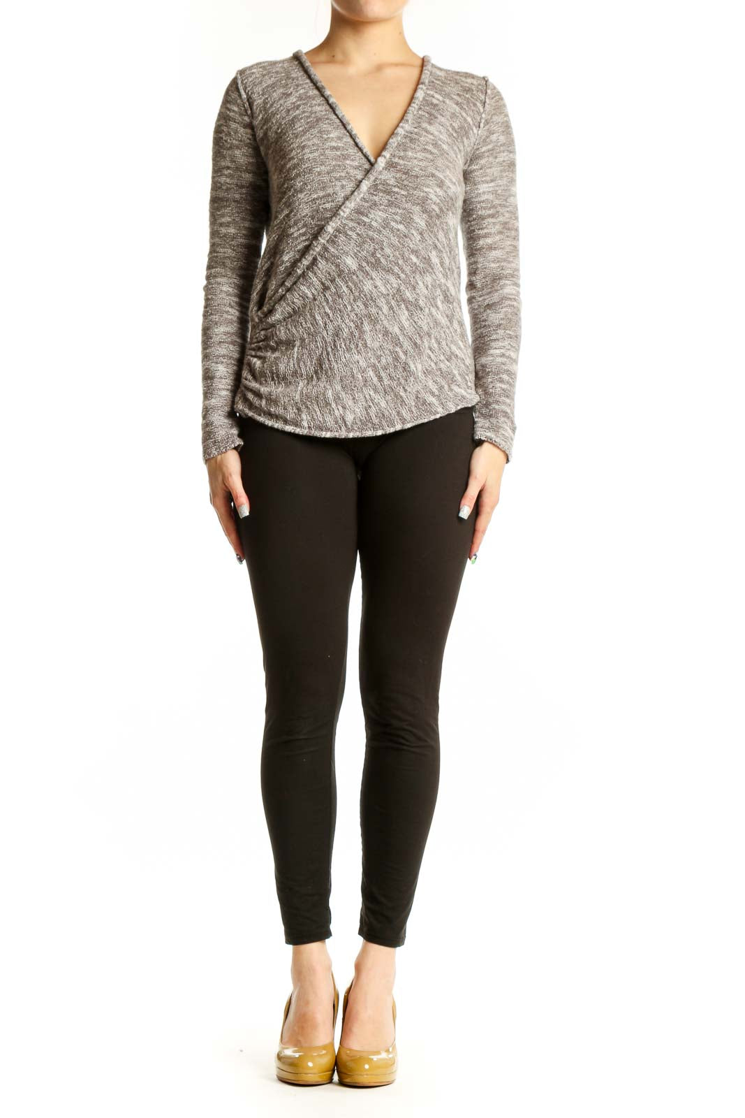 Gray heathered wrap knit top with V-neckline and long sleeves, front view