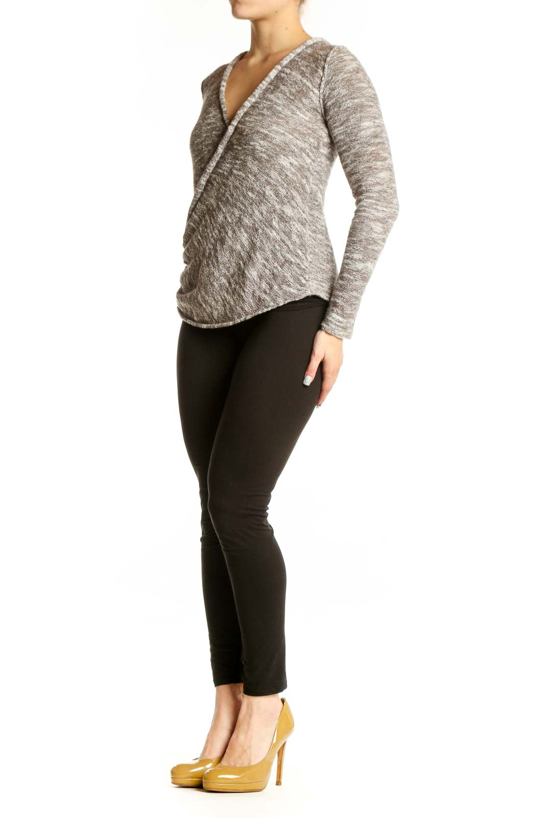Gray heathered wrap knit top with V-neckline and long sleeves, front view
