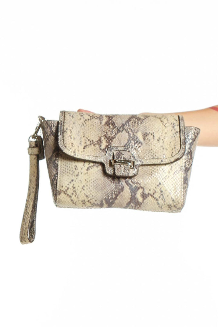 Beige python print Coach clutch wristlet with turnlock closure and attached wristlet strap