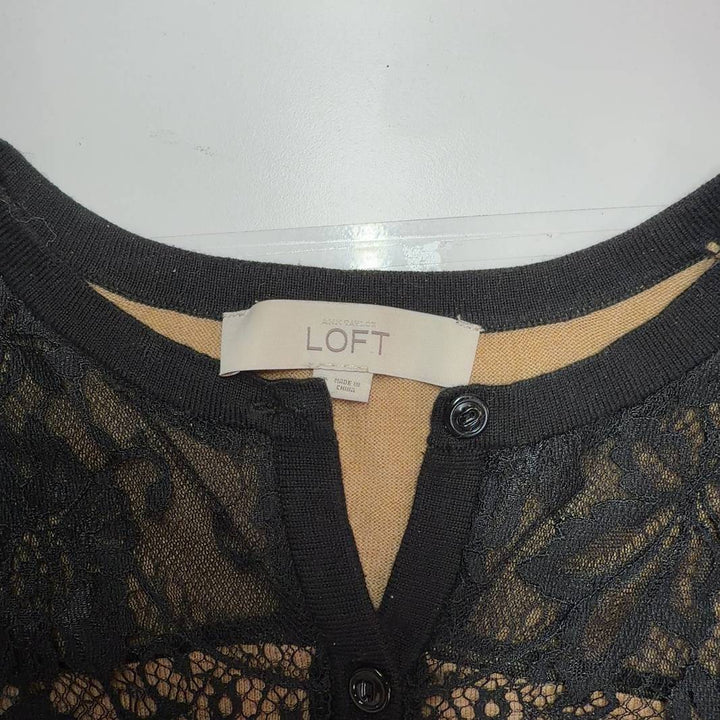 Tag view of beige LOFT cardigan showing lace trim detail and button-front design