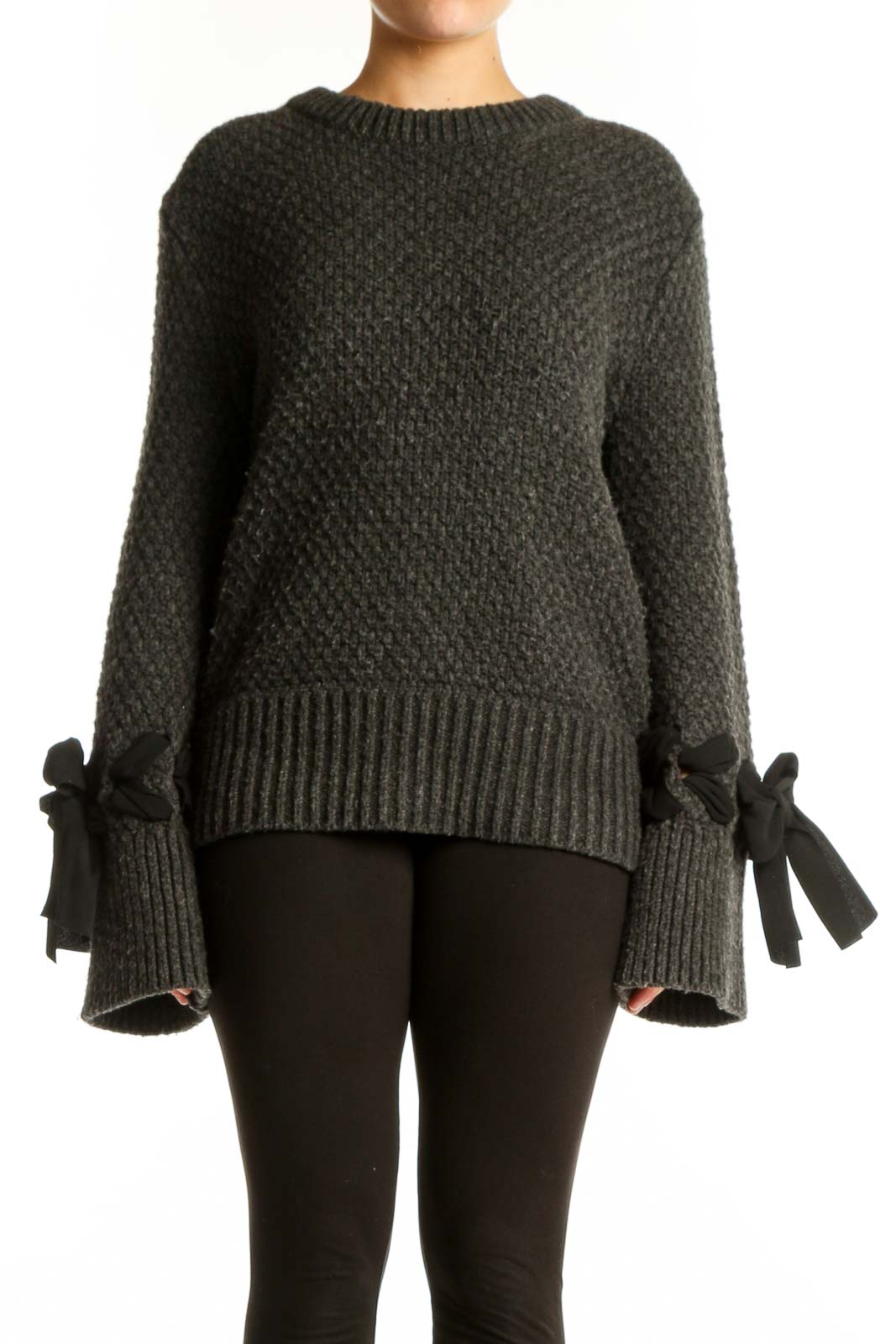 Gray alpaca-blend pullover sweater with bow cuff details, front view