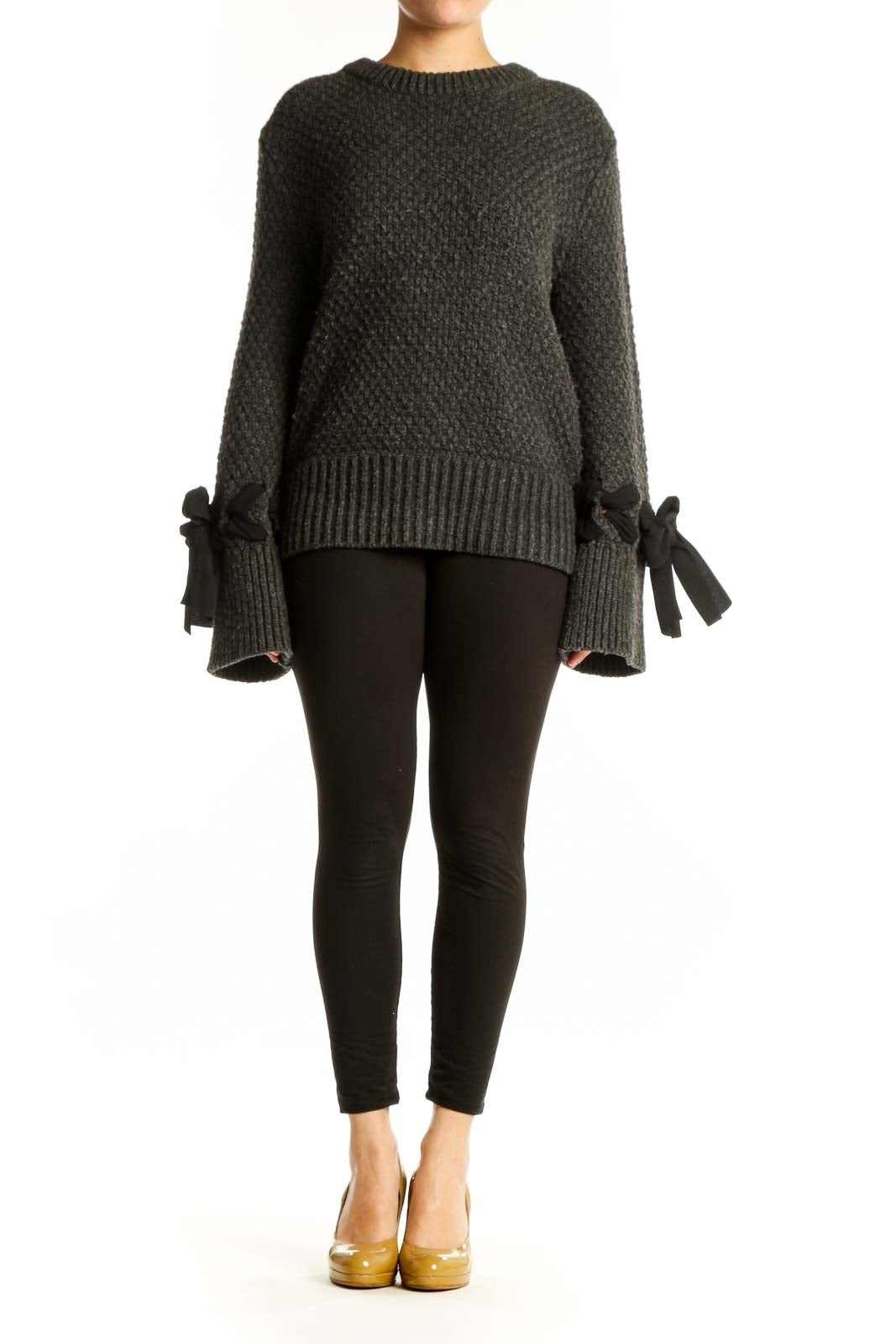 Gray alpaca-blend pullover sweater with bow cuff details, front view