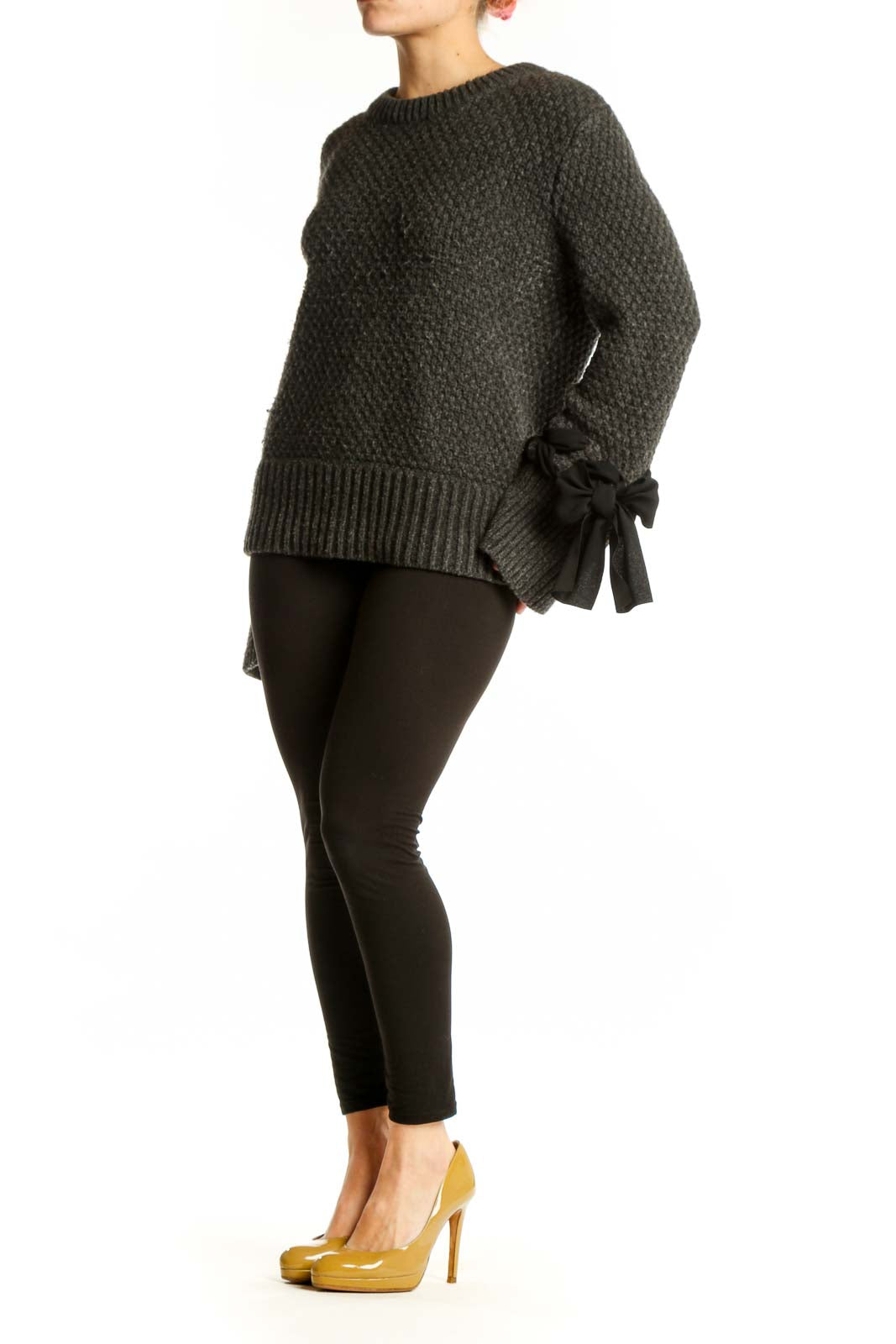 Gray alpaca-blend pullover sweater with bow cuff details, front view