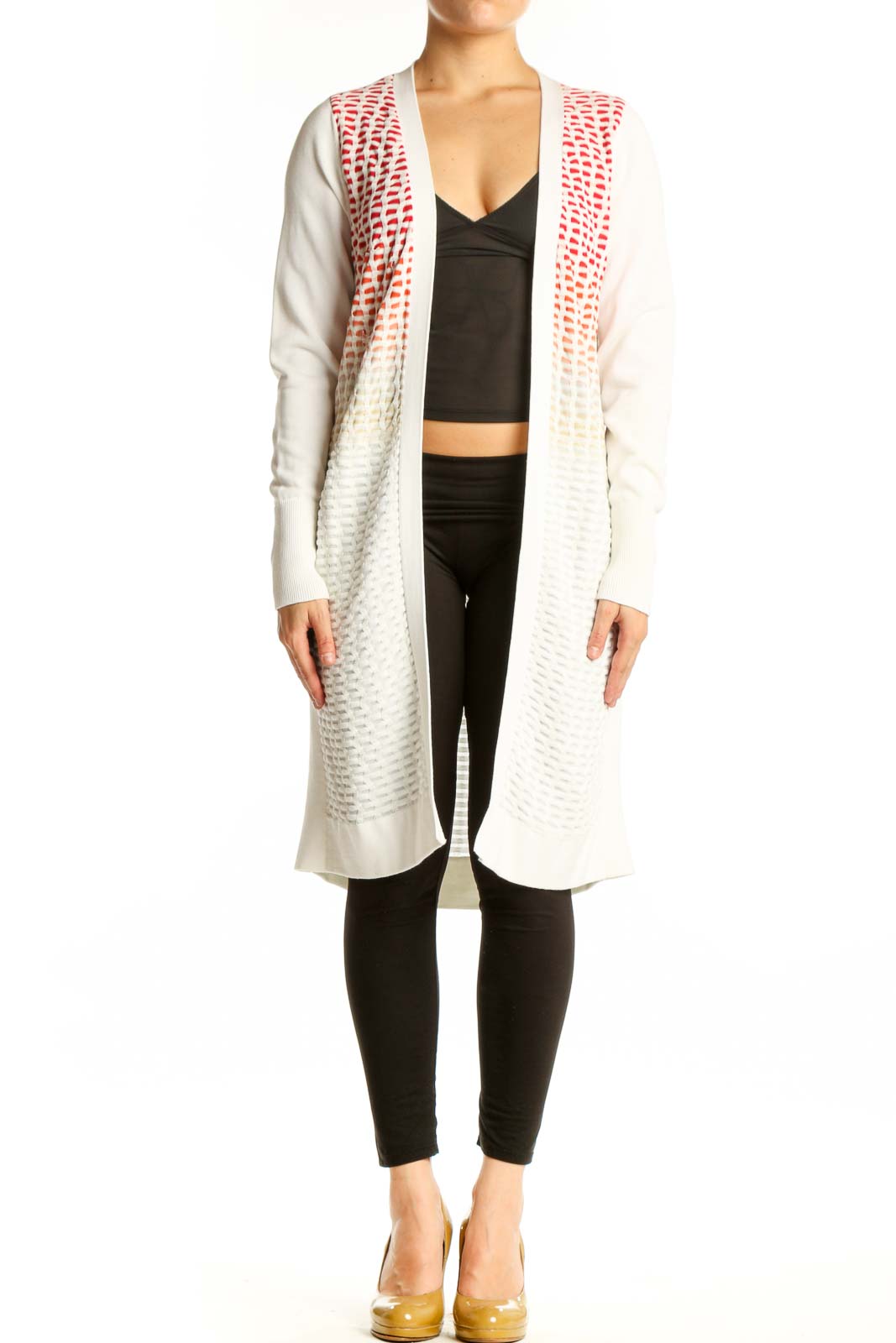 MAGASCHONI cream and red ombre knit cardigan worn open over black crop top and leggings, front view