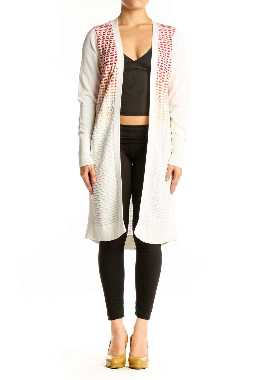 MAGASCHONI cream and red ombre knit cardigan worn open over black crop top and leggings, front view