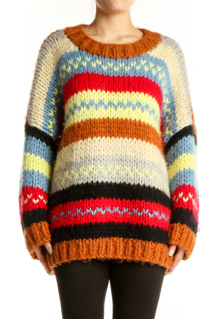 LASSONG multicolor striped knit pullover sweater with horizontal stripes in red, orange, cream, blue, yellow, and black, front view on model