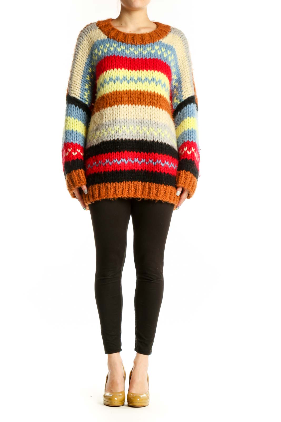 LASSONG multicolor striped knit pullover sweater with horizontal stripes in red, orange, cream, blue, yellow, and black, front view on model