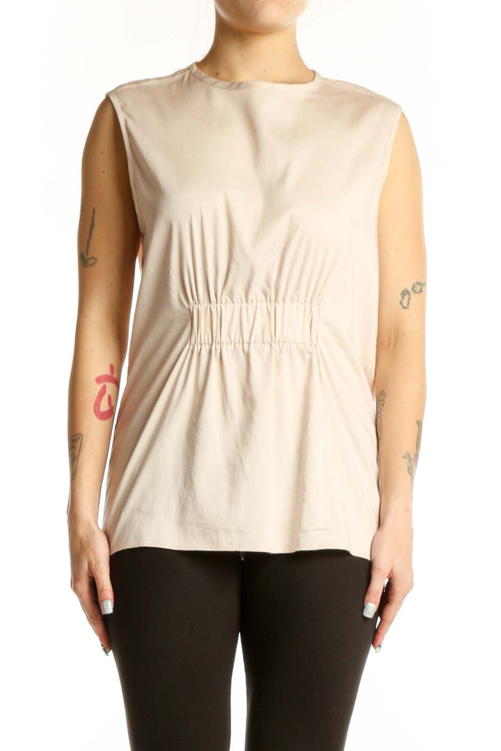 Argenti cream sleeveless ruched top front view, showing crew neckline and gathered waist detail on size L