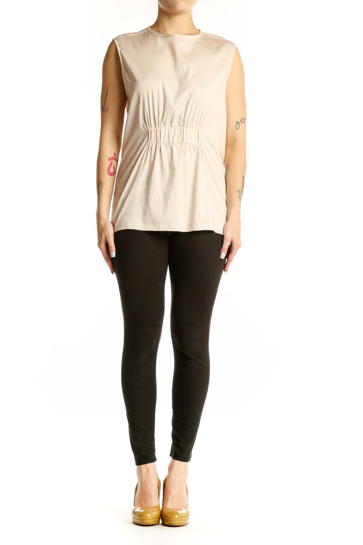Argenti cream sleeveless ruched top front view, showing crew neckline and gathered waist detail on size L