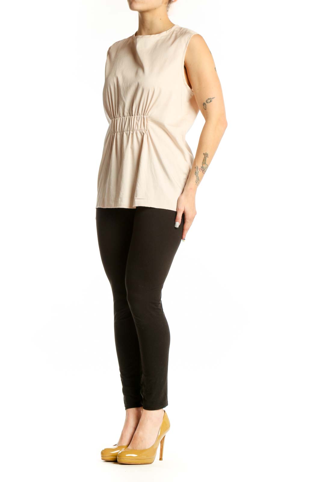 Argenti cream sleeveless ruched top front view, showing crew neckline and gathered waist detail on size L