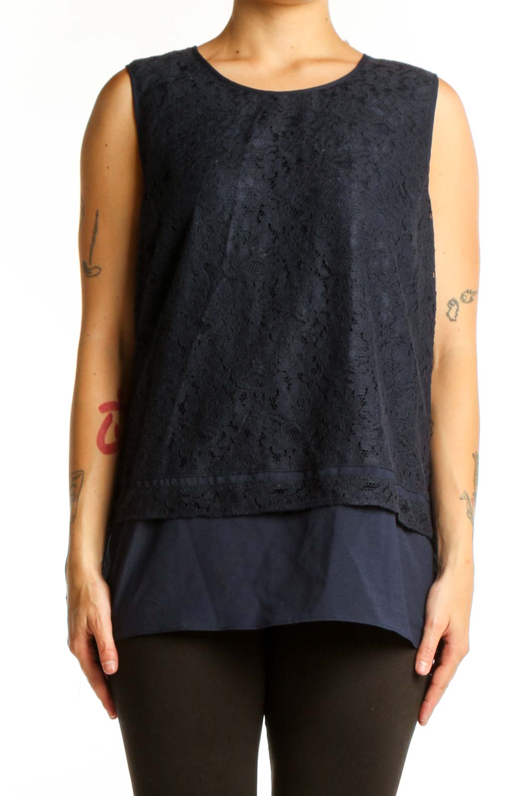Navy lace sleeveless tank top with layered design by Karl Lagerfeld Paris, front view