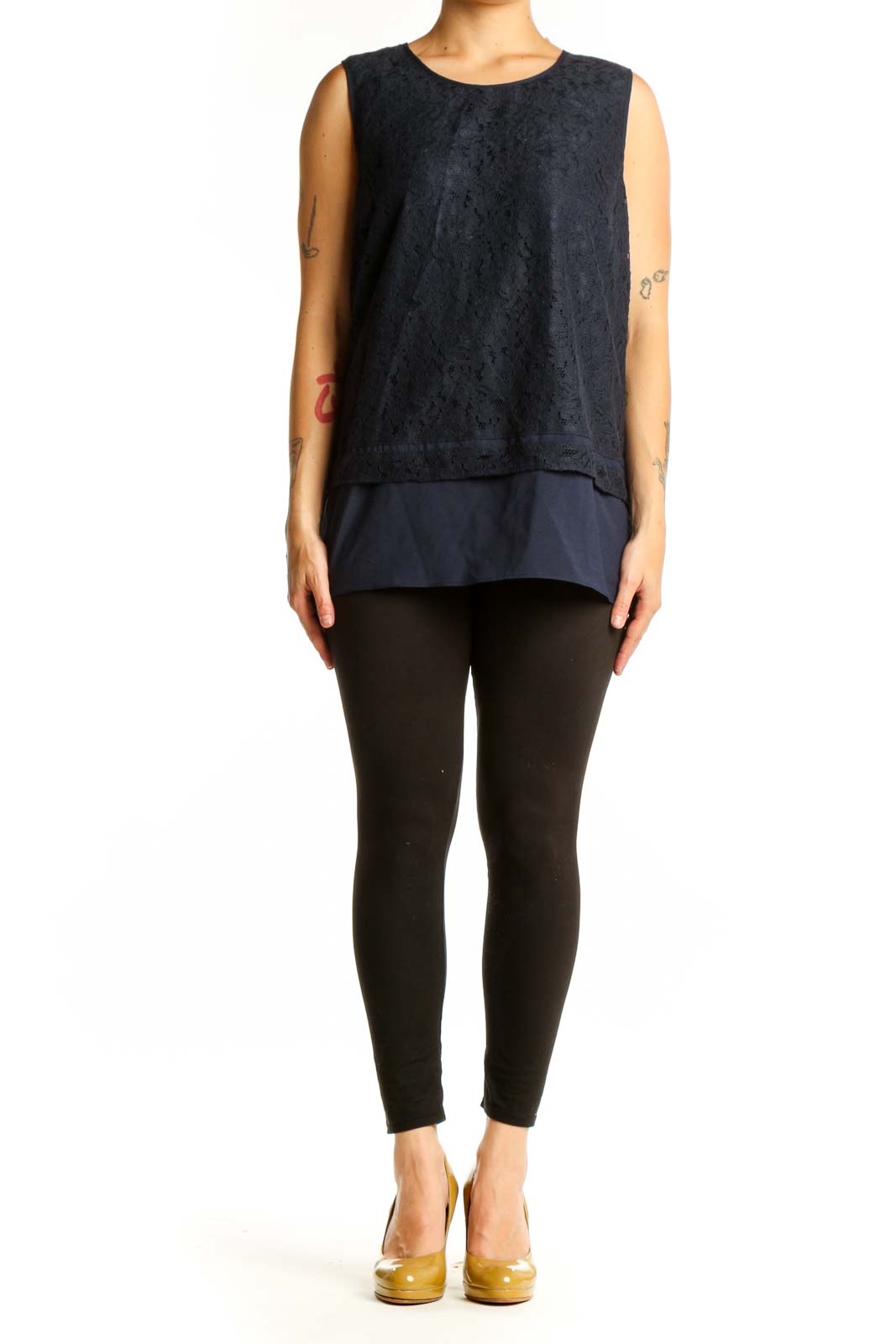 Navy lace sleeveless tank top with layered design by Karl Lagerfeld Paris, front view