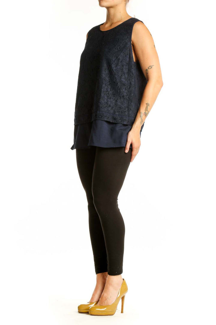 Navy lace sleeveless tank top with layered design by Karl Lagerfeld Paris, front view
