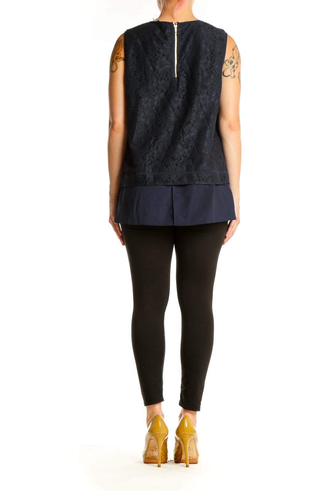 Navy lace sleeveless tank top with layered design by Karl Lagerfeld Paris, back view