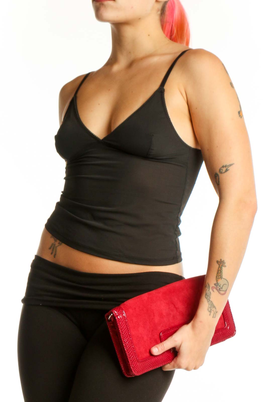 Red leather clutch with textured suede sides and gold-tone flip-lock hardware by White House Black Market