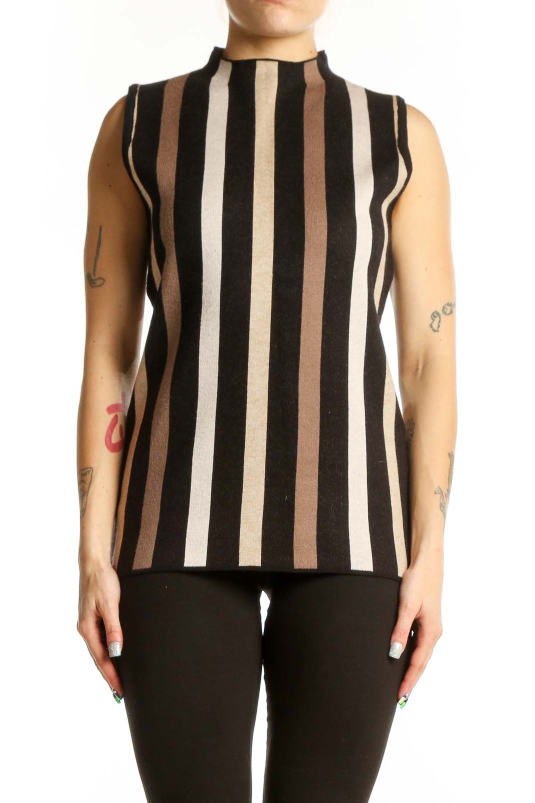 Black striped sleeveless tank top with cream and taupe vertical stripes, crew neckline, fitted silhouette