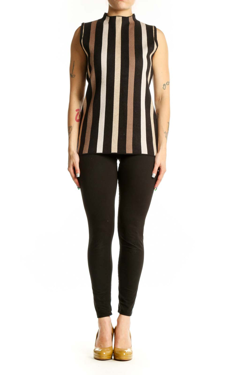 Black striped sleeveless tank top with cream and taupe vertical stripes, crew neckline, fitted silhouette