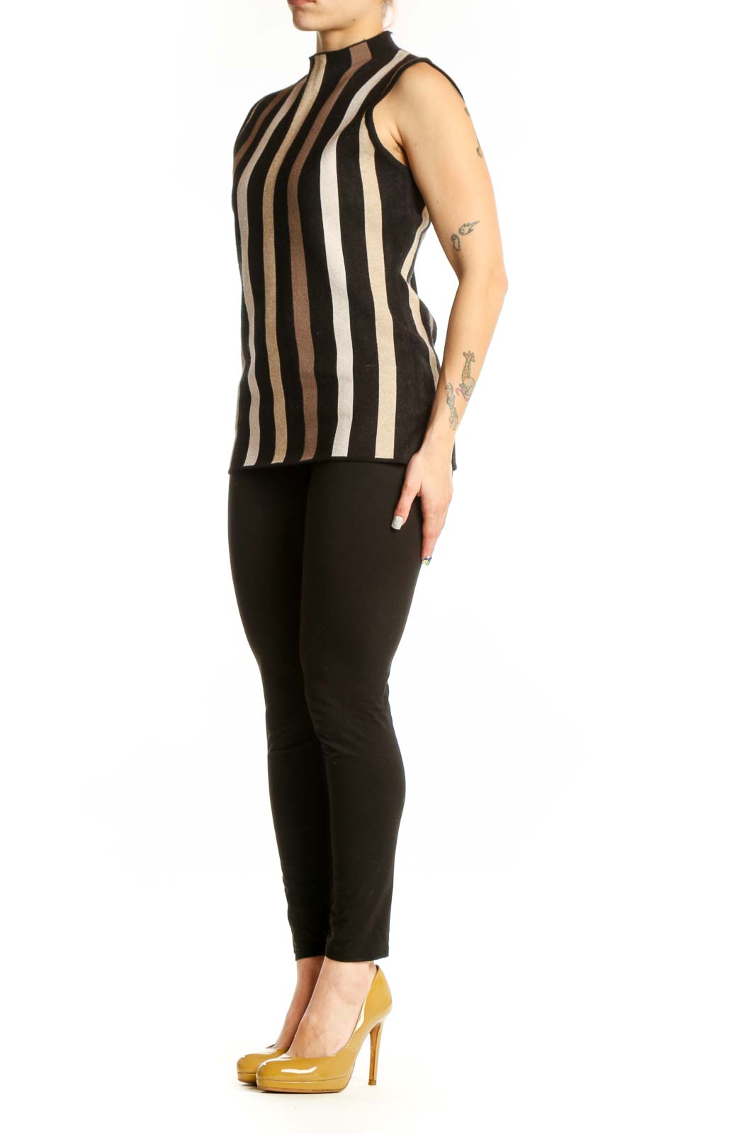Black striped sleeveless tank top with cream and taupe vertical stripes, crew neckline, fitted silhouette