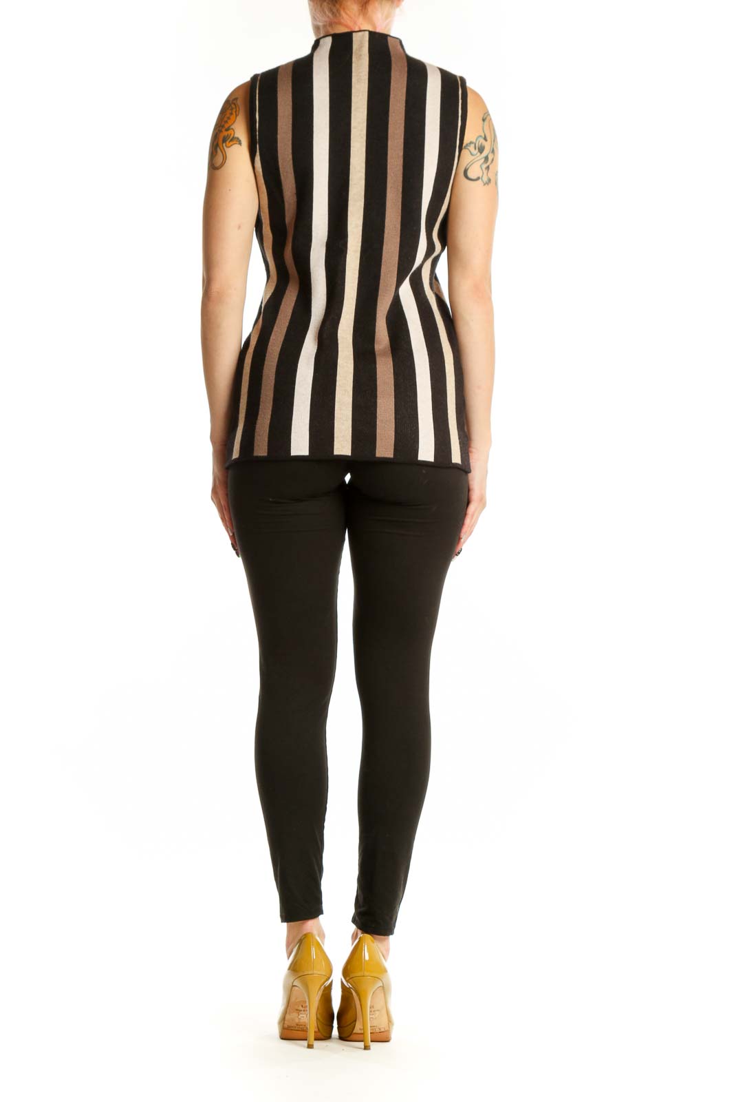 Back view of black striped sleeveless tank top showing vertical stripe pattern and fitted back design
