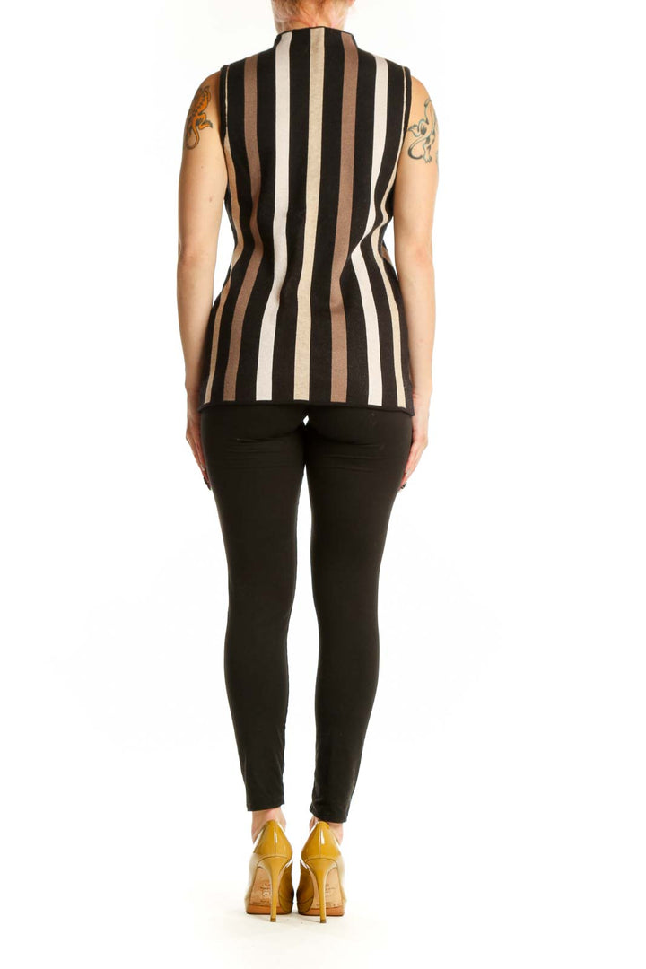 Back view of black striped sleeveless tank top showing vertical stripe pattern and fitted back design