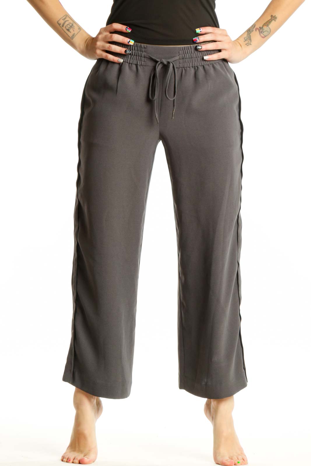 Gray drawstring cropped pants with elastic waistband and wide-leg fit, front view