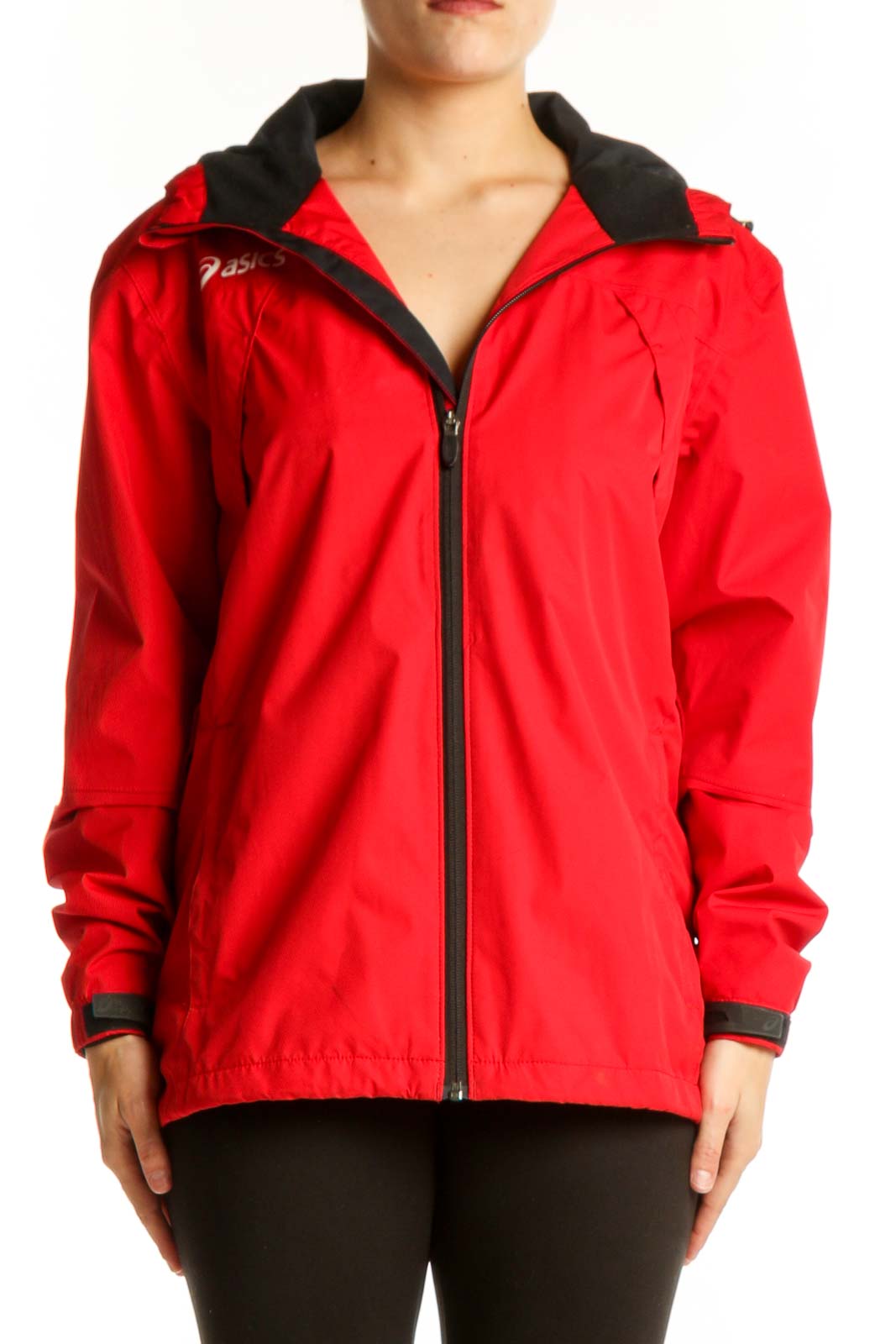 Red Asics windbreaker jacket with black hood and collar, front view on model