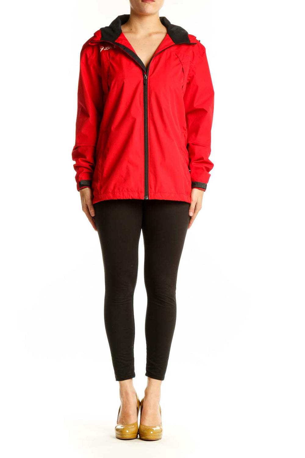 Red Asics windbreaker jacket with black hood and collar, front view on model