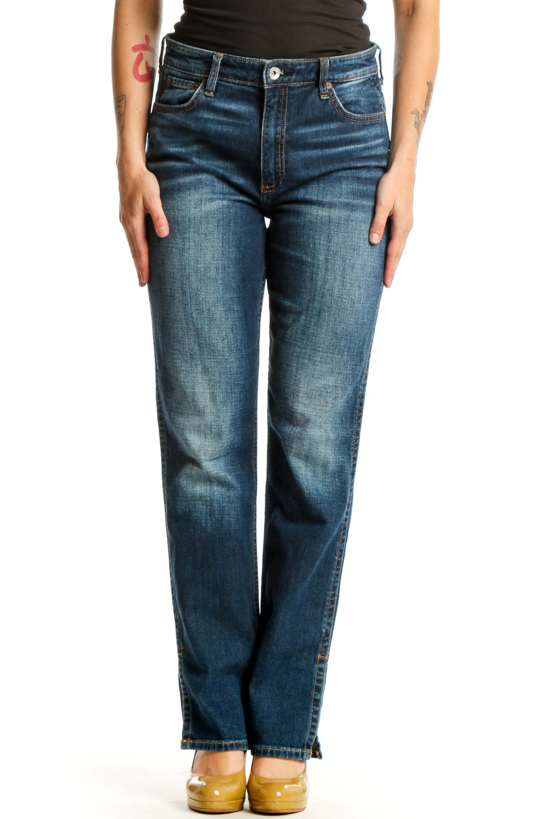 Blue medium wash Rag & Bone straight-leg denim jeans front view, size M