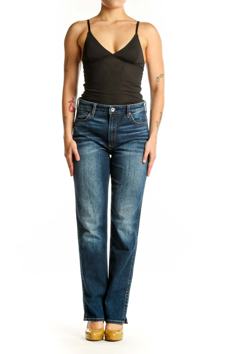 Blue medium wash Rag & Bone straight-leg denim jeans front view, size M