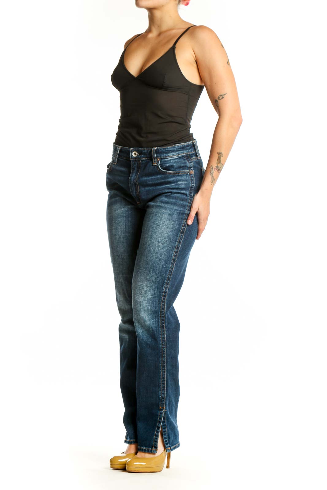 Blue medium wash Rag & Bone straight-leg denim jeans front view, size M