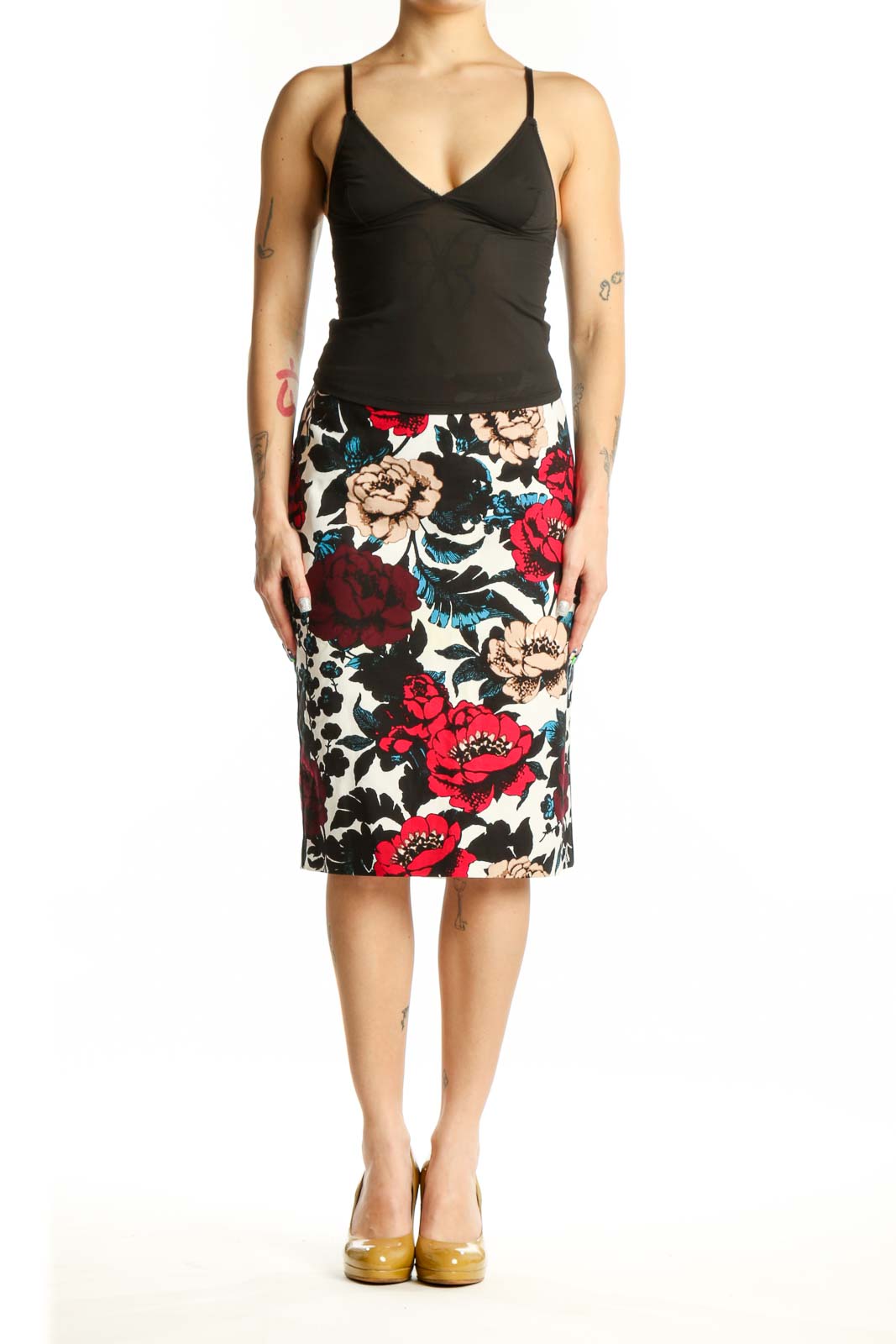 Adrianna Papell multicolor floral pencil skirt front view featuring red peonies, cream blooms, and teal accents on black background